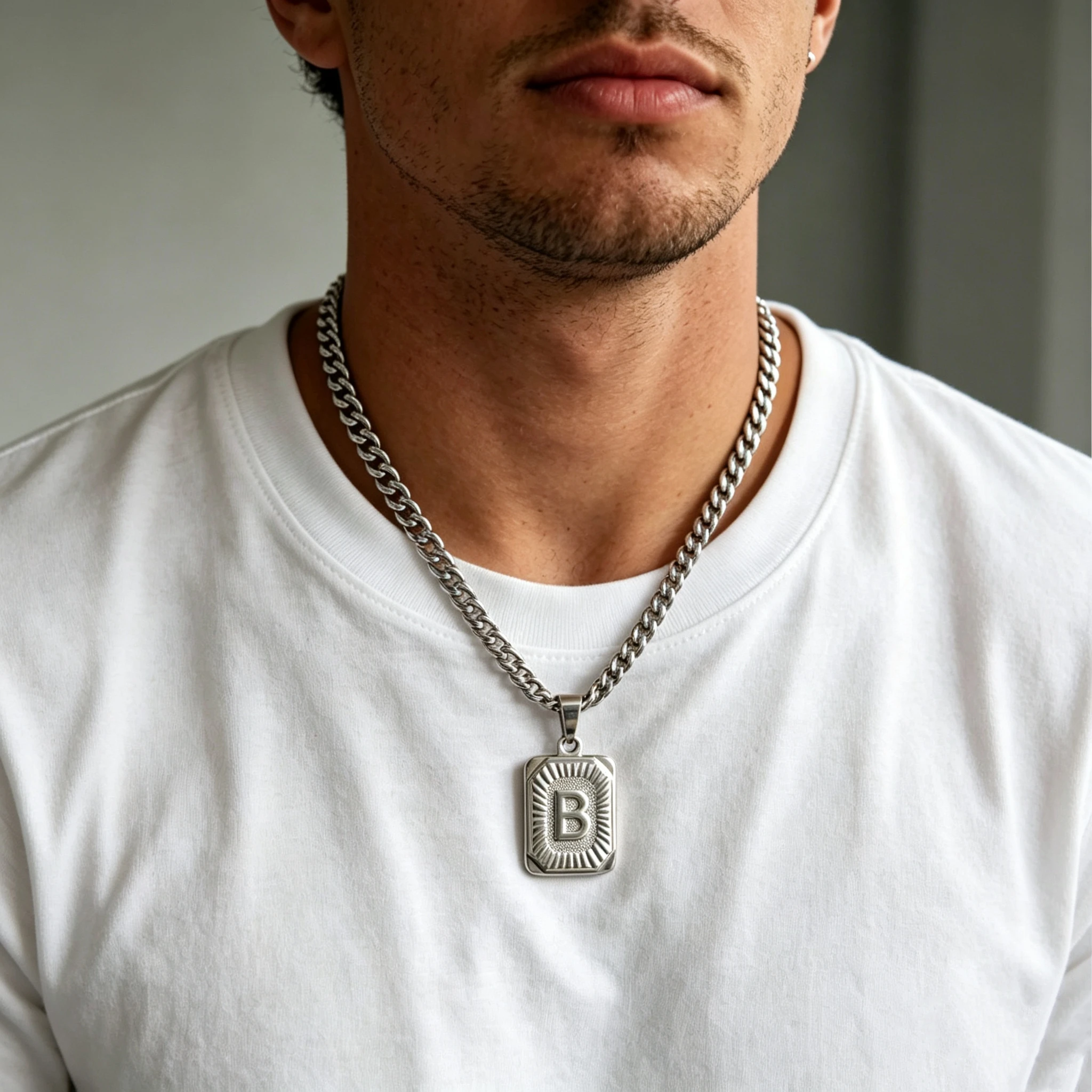Square Letter Pendant Necklace Men's Hiphop Cuban Link Chain No Fade Letter Initial Necklace