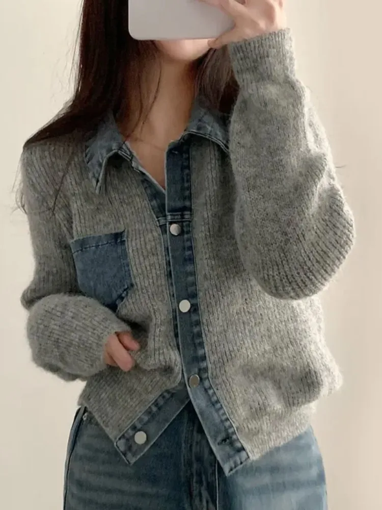 Casaco de Suéter de Malha Jeans Feminino para Primavera, Outono e Inverno, Estilo Casual Quente, Design Moderno, Respirável e...