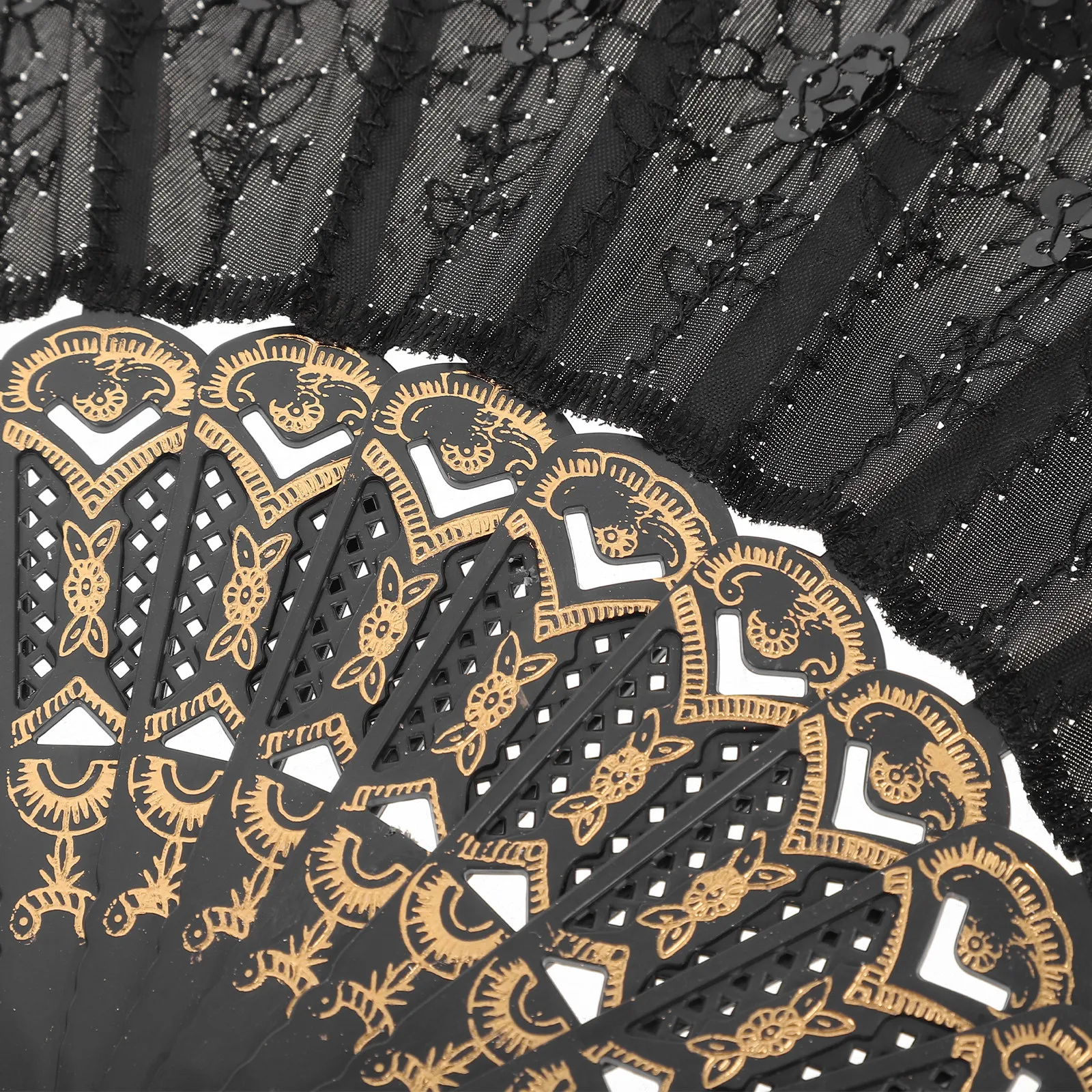 Black Embroidered Sequin Handheld Folding Fan Black Rod Chinese Dance Wedding Favor Decorative Stage Cultural Celebration