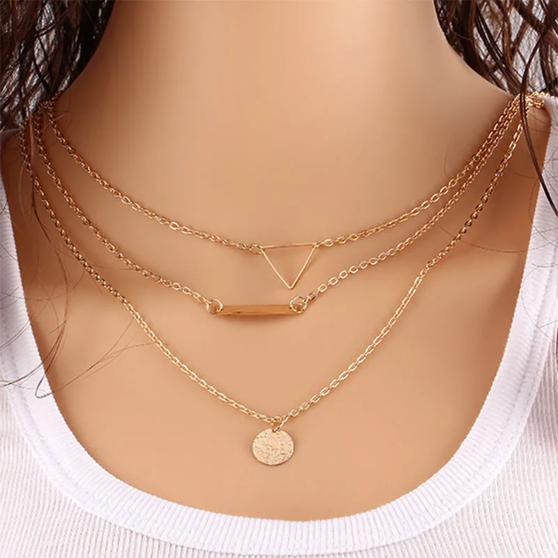 Cool Hollow Out Triangle 3 Multi Layer Necklace Elegant Coins Pendant Necklaces for Women Long Neckless Jewelry