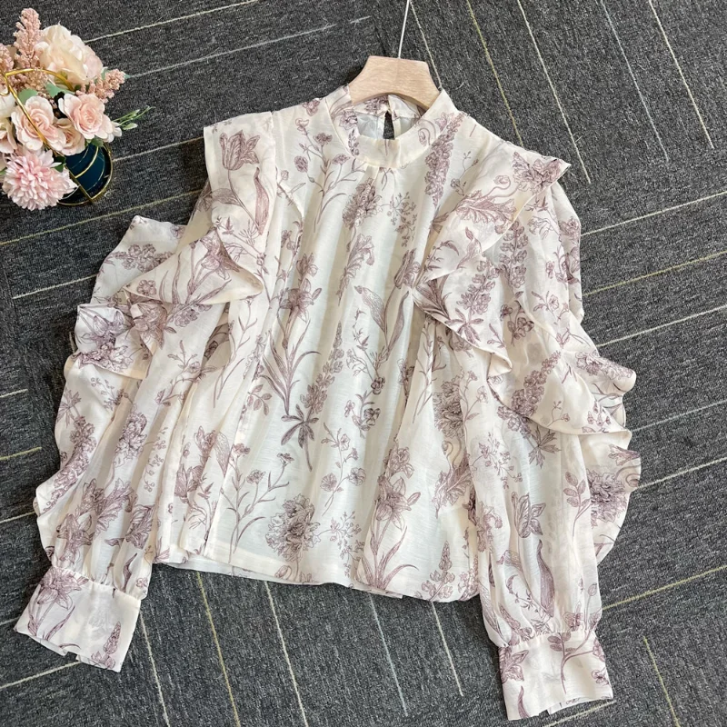 

WAKUTA Thin Fairy Long Sleeve Retro Shirt 2024 Spring Slim Fit Open Back Blouses Japan Print Ruffle Temperament Blusa Feminina