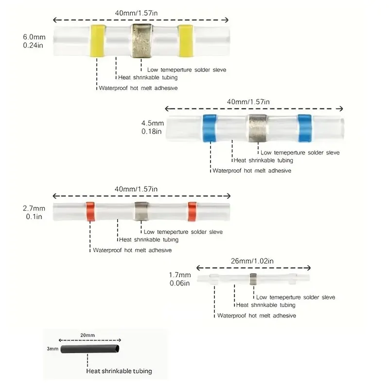 Electrical Wire Connectors Insulated Butt Splice Heat Shrink Solder Terminal Waterproof Butt Connectors Wire Cable Terminal