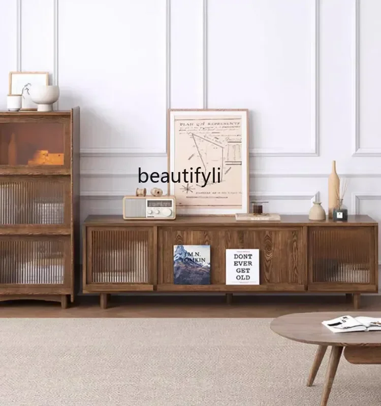 

K185 Nordic Modern Minimalist White Wax Walnut TV Cabinet Small Apartment Cherrywood All Solid Wood Audiovisual Cabinet Locker