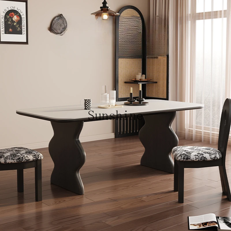 French retro solid wood rock slab dining table household small rectangular oval dining table