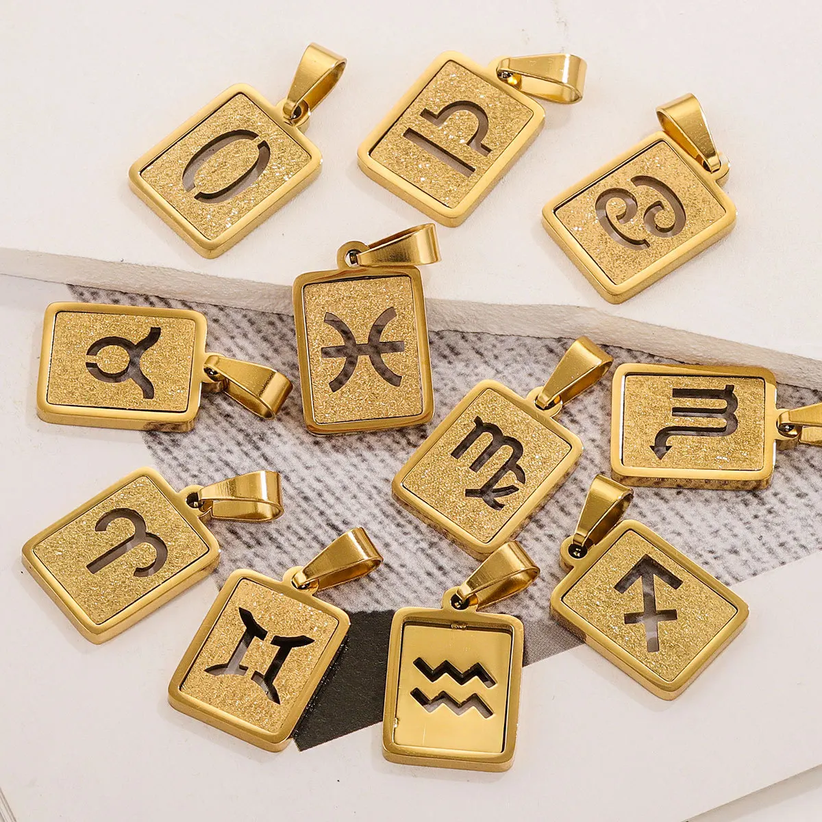 

5Pcs Rectangular Sand Pressed 18K Stainless Steel Twelve Zodiac Pendant With Personalized Design, Popular DIY Jewelry Pendant