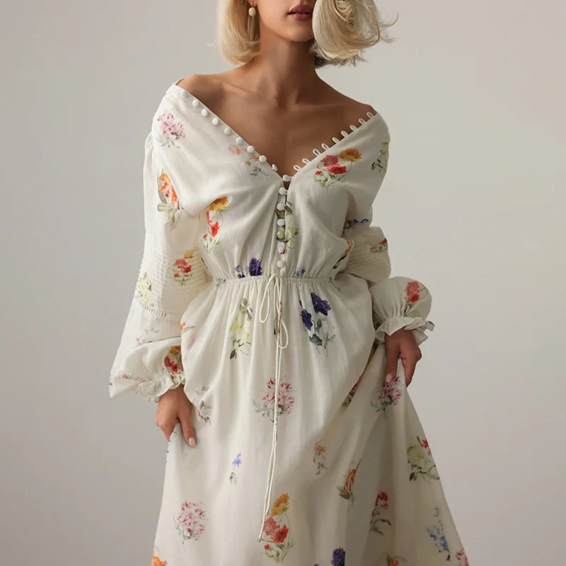 Sweet Floral Printed Backless Maxi Dress For Women Lantern Sleeve High Waist Long Robes 2025 New Lady Summer Vacation Dresses image 3
