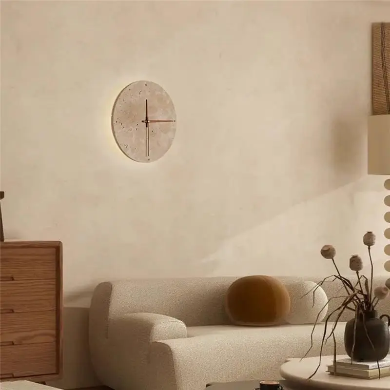ABVA Stone Wall Light with Clock, Yellow Cave Stone Sconce for Bedroom Living Room, Wabi Sabi Home Decor, LED Wall Lamp with