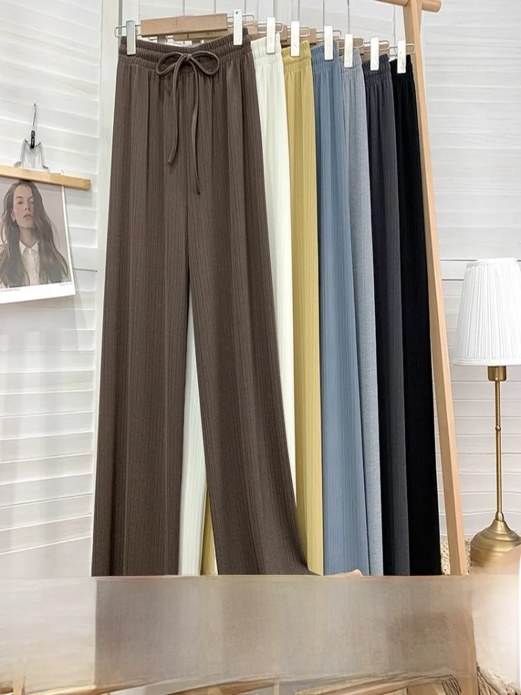 하이 웨이스트 드레이프 캐주얼 바지 여성 여름 얇은 스타일 니트 벨 바닥 나사 스레드 스트링 레깅스를 당기는 