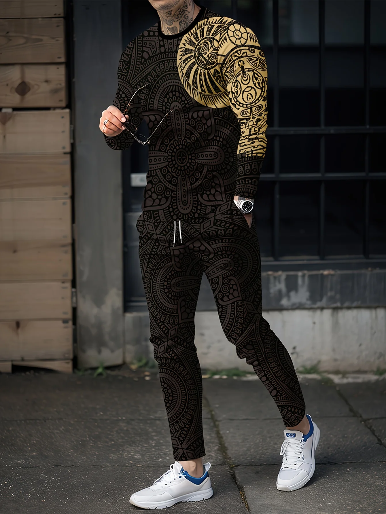 Vintage Aztec 3D Print Men's Sportswear Set Casual Long-Sleeved T Shirt Pants 2-Piece Set Oversized Pullover Men Clothing