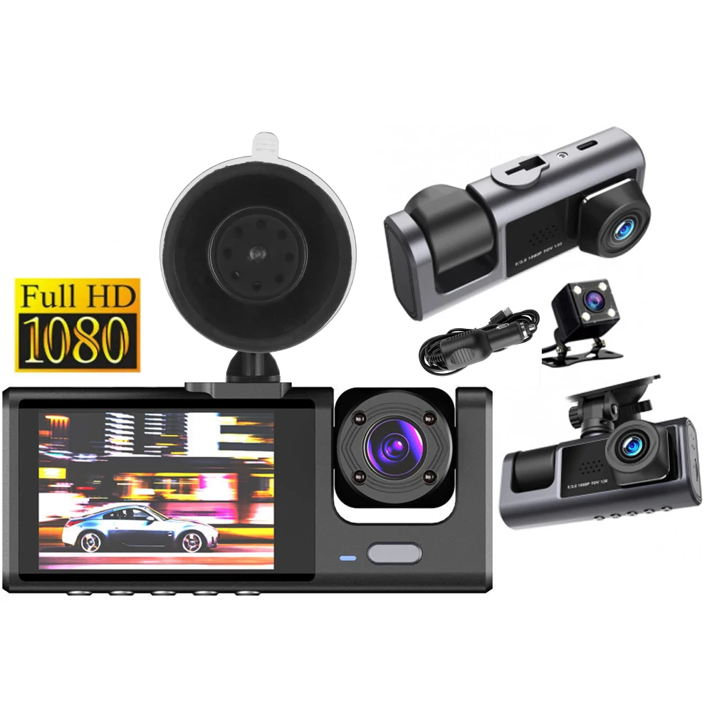 Driving Video Recorder Interior Monitor Car DVR 2 Inch Screen 3 Lens HD 1080P Dash Cam Rearview Camera Universal 12V