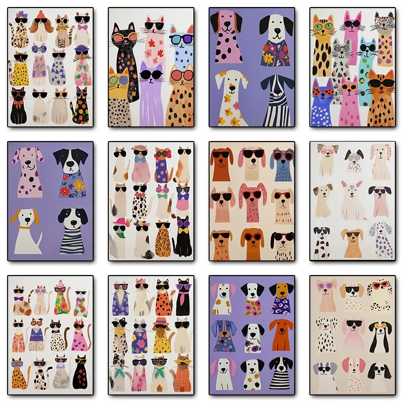 1pc frameless Canvas painting Cool Cats In Sunglasses Collection Stylish Felines Puppy Colorful Poster Print Wall Art Pictures C