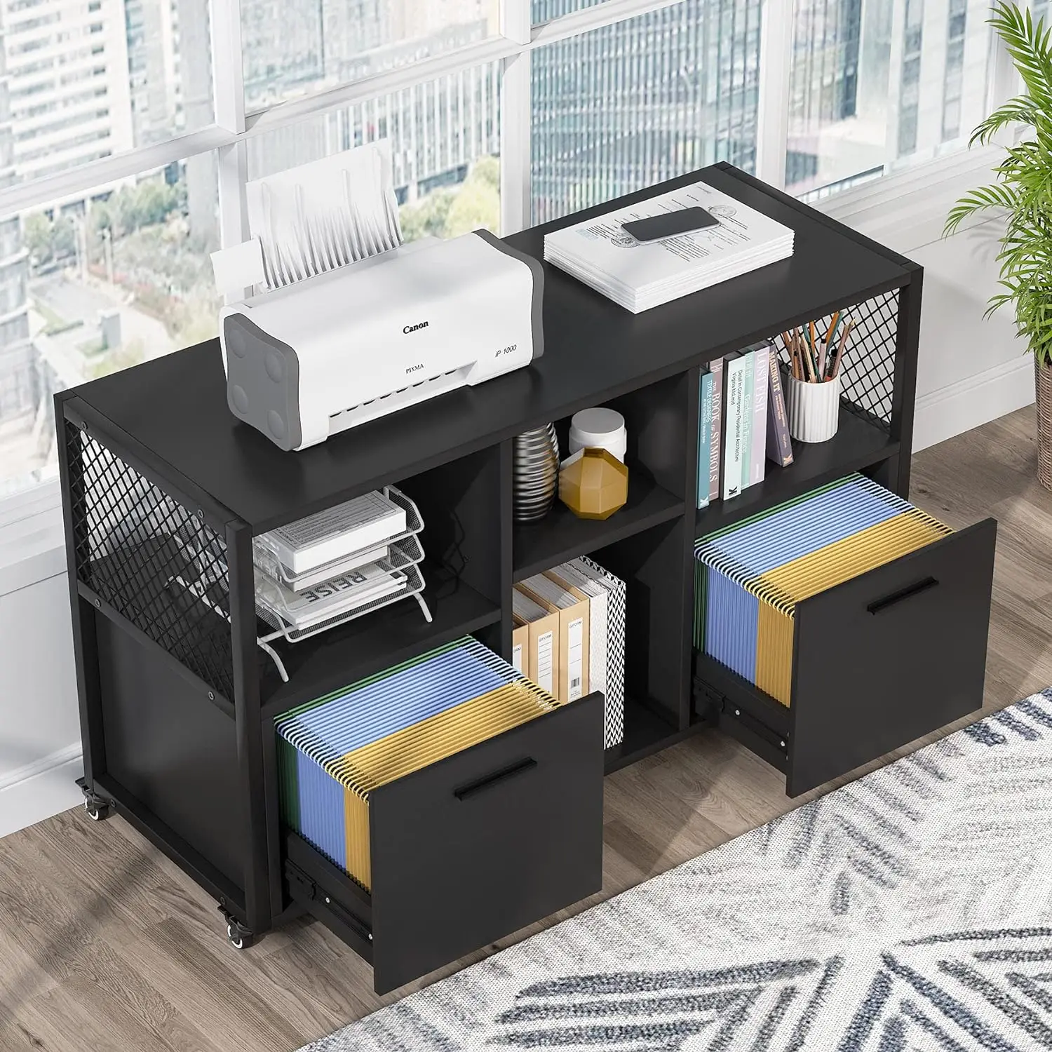 2 Drawer Wood File Cabinets, Modern Mobile Lateral Filing Cabinet for Letter/ A4 Size, Printer Stand with Open Storage Shelves