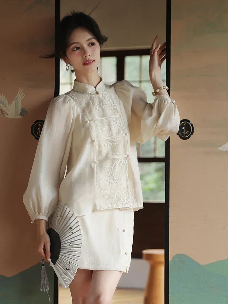 

2Pc Set White Traditional Chinese Style Modern Lace Jacket Tang Suit White Green Top Suit Summer Women's Hanfu Blouse Half Skirt