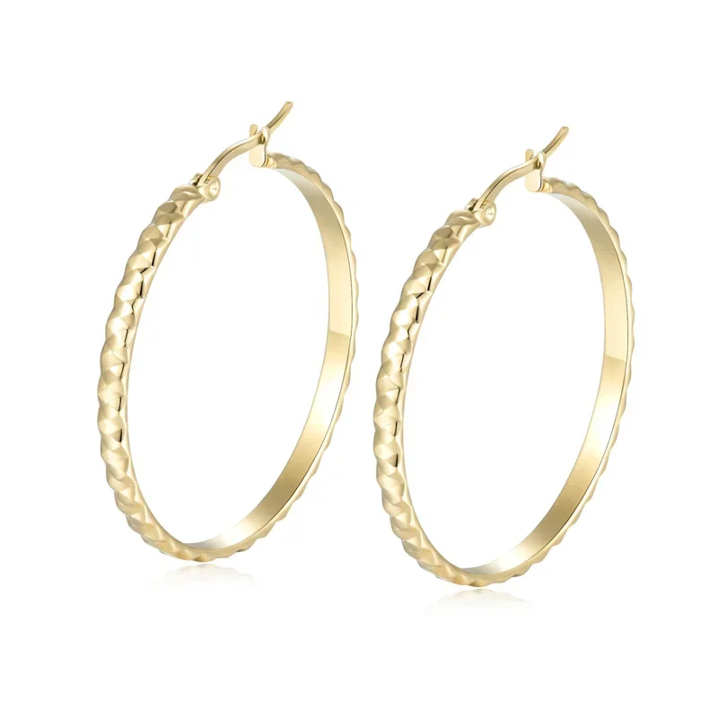 Stainless steel Embossed Round Hoop Earring Women Simple Round Loop Ear Jewelry Gold Color Cool Gift