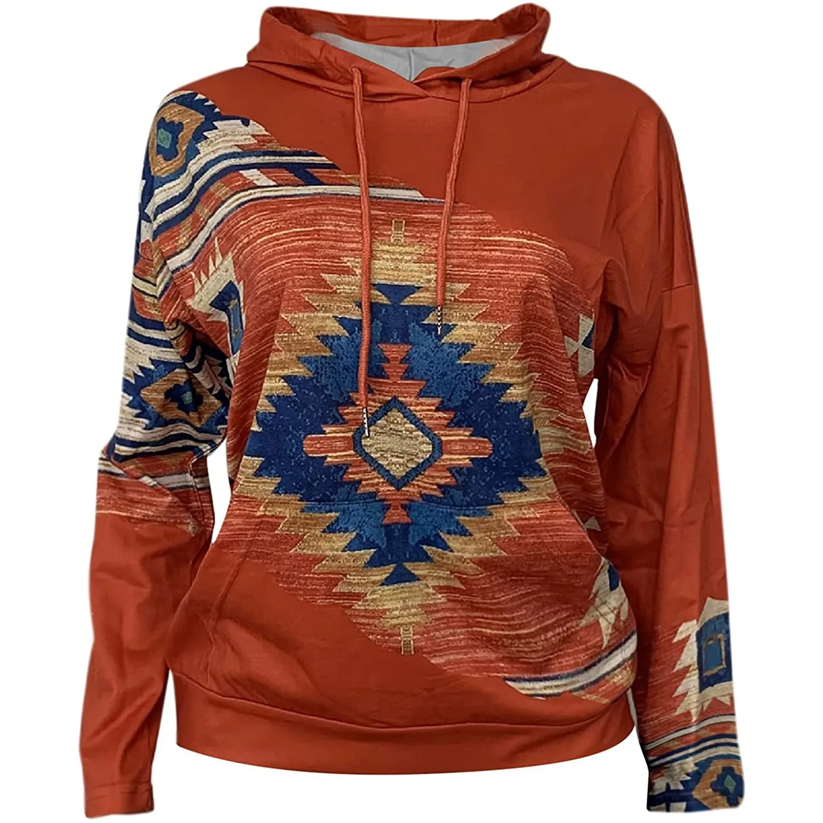 Womens Casual Geometric Horse Print Long Sleeve Drawstring Pullover Tops, Ethnic Style Hooded Sweatshirt