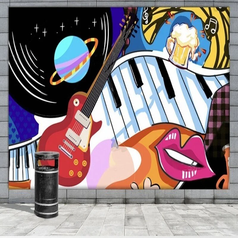 

Hand-drawn trendy comic graffiti cartoon music guitar piano Internet celebrity TV bedroom home decoration background wall
