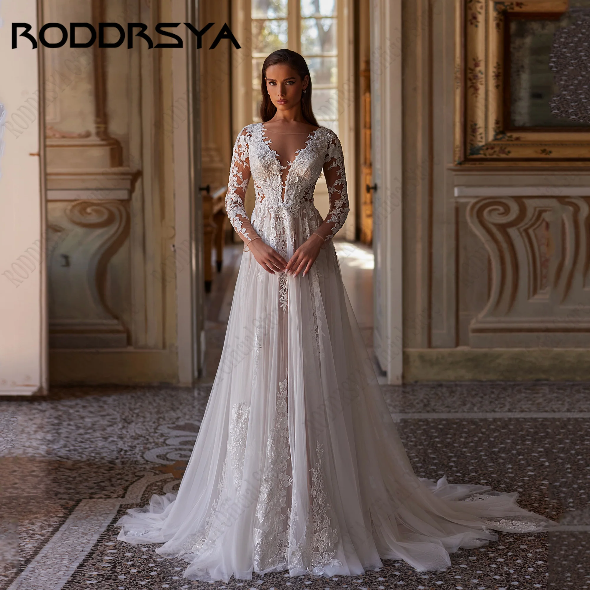 

RODDRSYA O-Neck Wedding Dress Long Sleeves Beading Elegant Bride Gowns For Women Backless A-Line Bridal Dresses Lace Applique