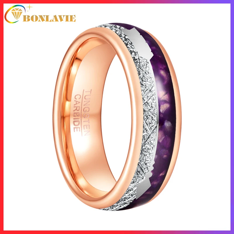 BONLAVIE 8mm Rose Gold Color Inlaid Meteorite Purple Men Tungsten Carbide Rings Retro Arrow Tungsten Steel Jewellery