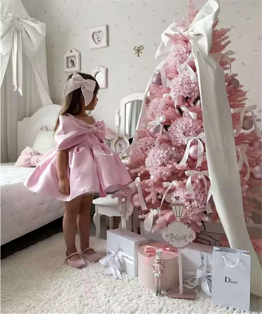 

Pink Flower Girl Dresses A-Line Spaghetti Strap Bow Pleated Off Shoulder Fairy Princess Birthday Dress Customized