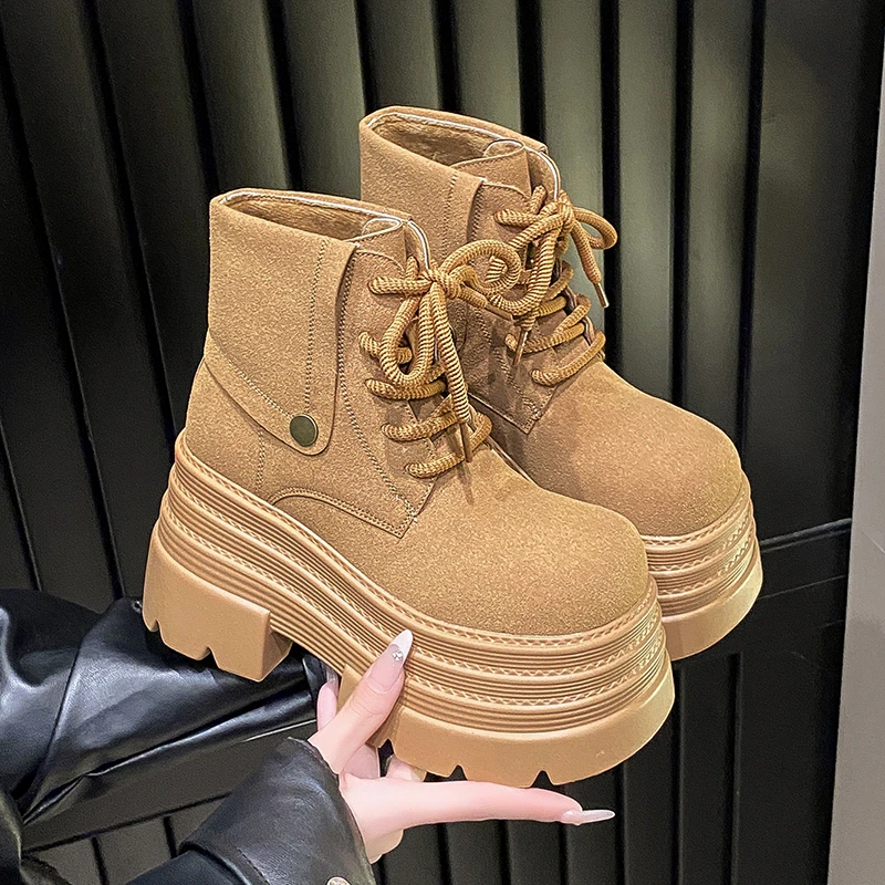 

10CM New 2025 Women's Ankle Boots Autumn Winter Warm Punk Fur Shoes Chunky High Platform Casual Leather Short Boots Bota Mujer