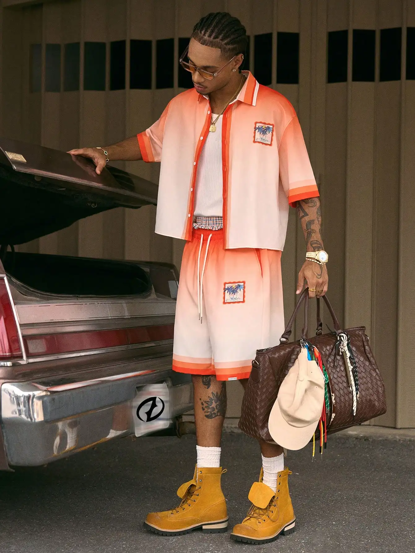 

2-Piece Men's Loose Fit Gradient Print Polo Shirt & Shorts Set