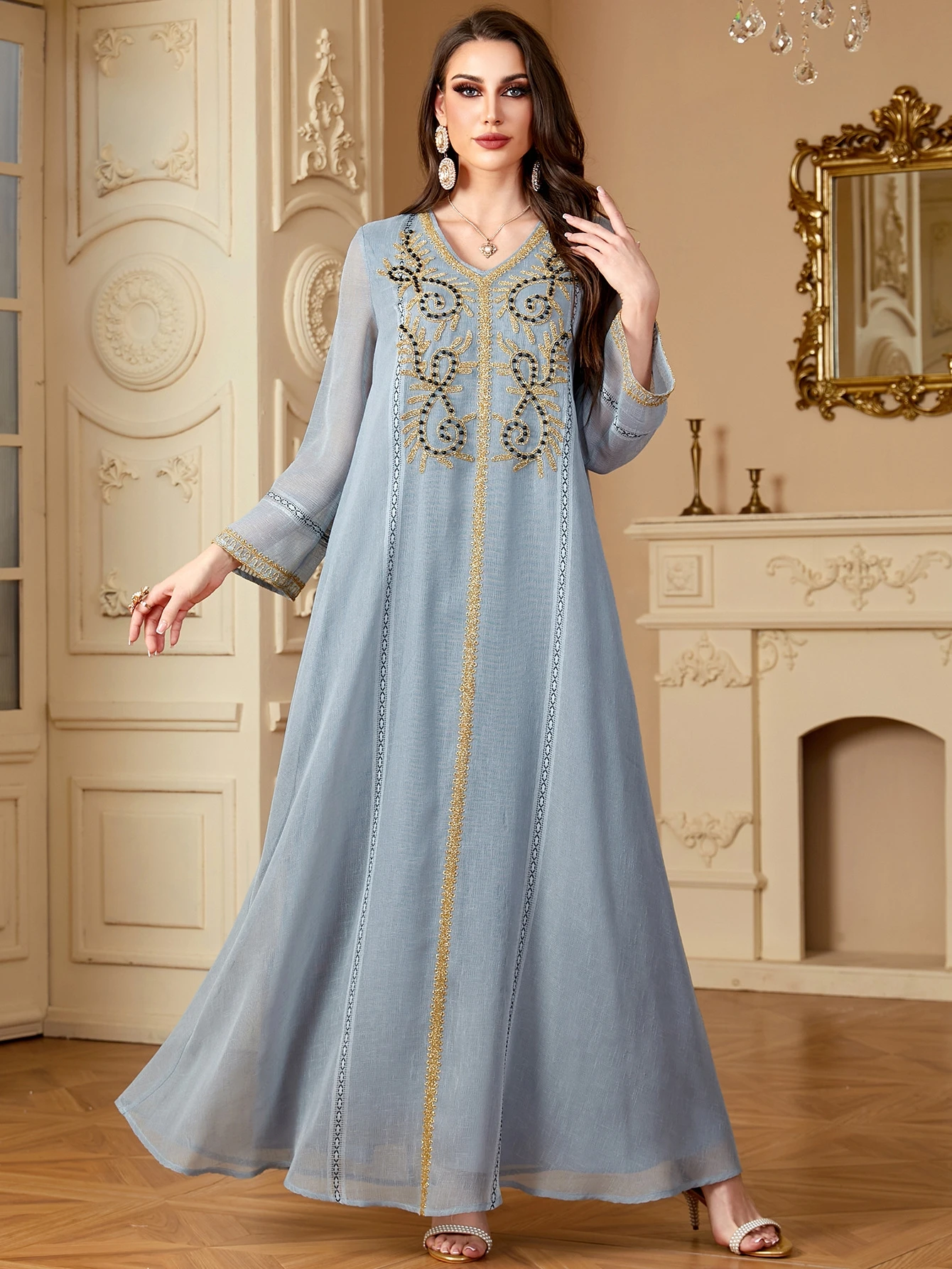 جديد مطرز رداء الدكتور فضفاض V-Ne مطرز طويل الدكتور دبي Sle الشرق الأوسط فضفاض صالح عالية الخصر ألف خط تنورة ثوب مسائي