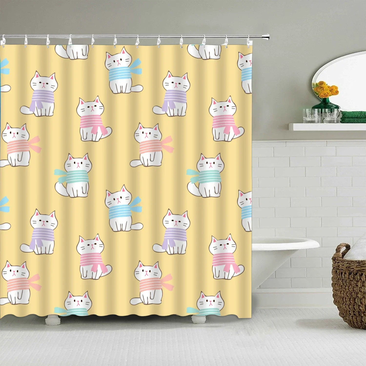 Cartoon Cute Shower Curtain, Funny Animals Cat Rainbow Colorful Butterfly Kids Boys Girls Bathroom Bathtub Screen Decoration