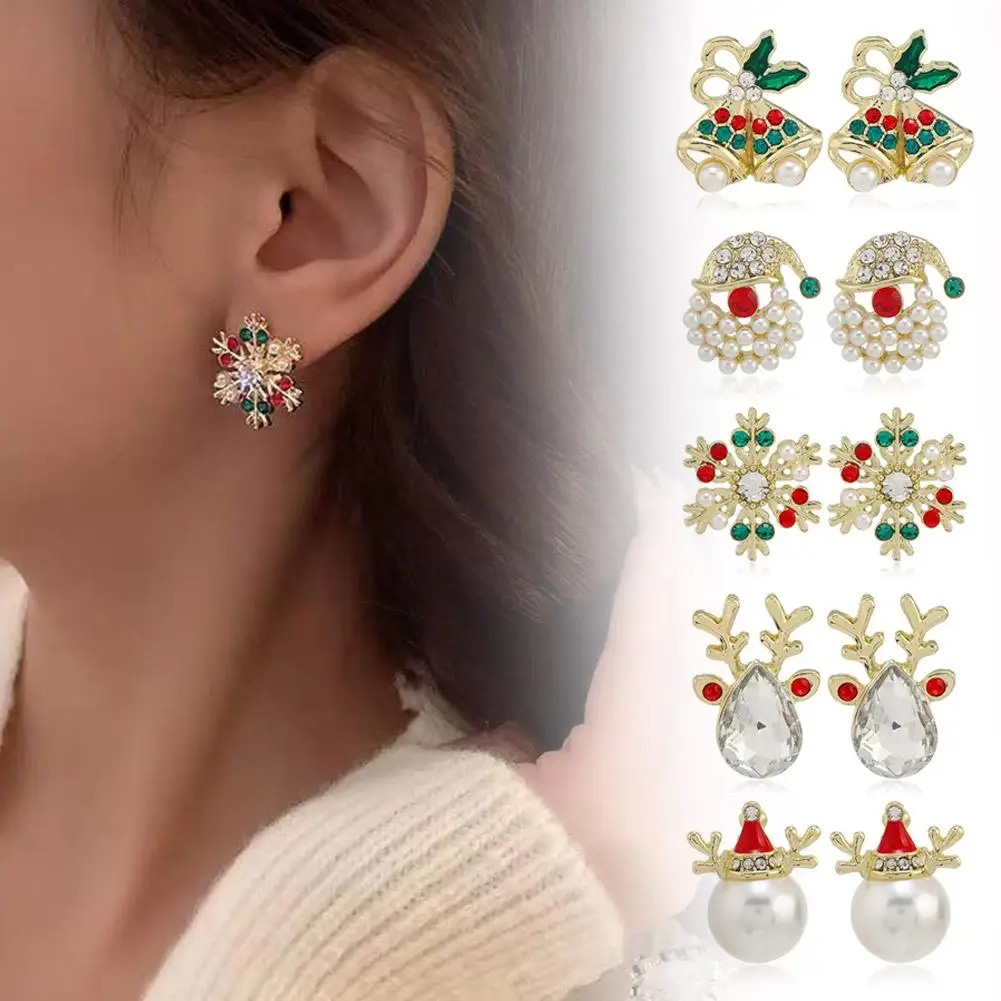 Trendy Rhinestone Imitation Christmas Earrings Alloy Diamonds Inlaid Snowflake Bells Jewelry Accessories For Women Christma R7M9