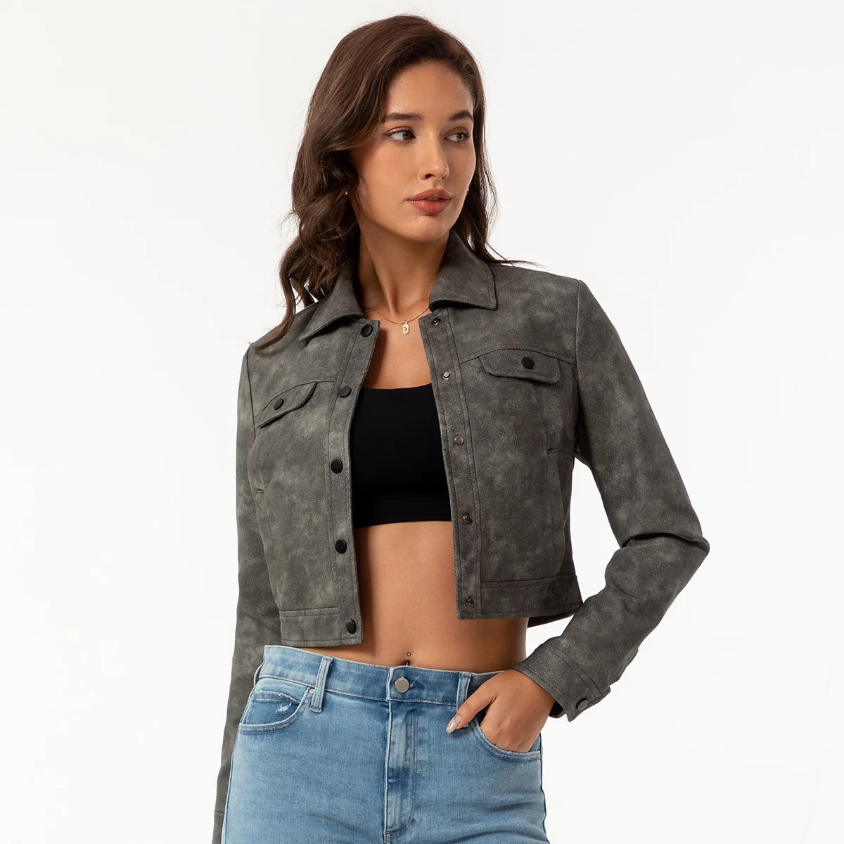 high quality women print leather short jacket long sleeve collar snap button casual spring autumn 2025 clothing pink red brown