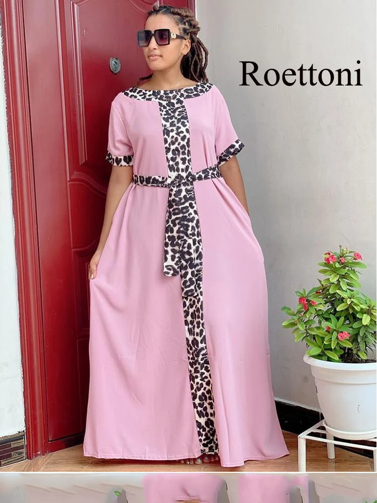 Loose Kaftan African Women\'s Dress Leopard Print Elasticity Muslim Robe With Belt/Hair Hoop Maxi Femme Boubou Long Abaya Blouse