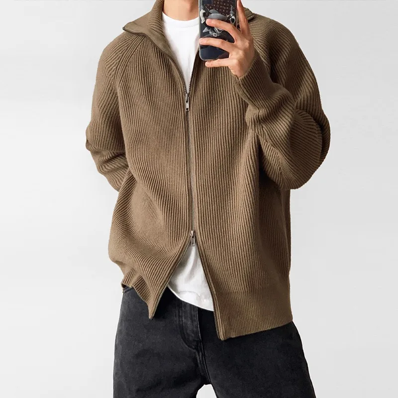 الخريف الشتاء نصف الياقة المدورة مزدوجة سستة سترة الرجال جديد فضفاض كسول نمط سترة مشغولة من الصوف الرجال #3