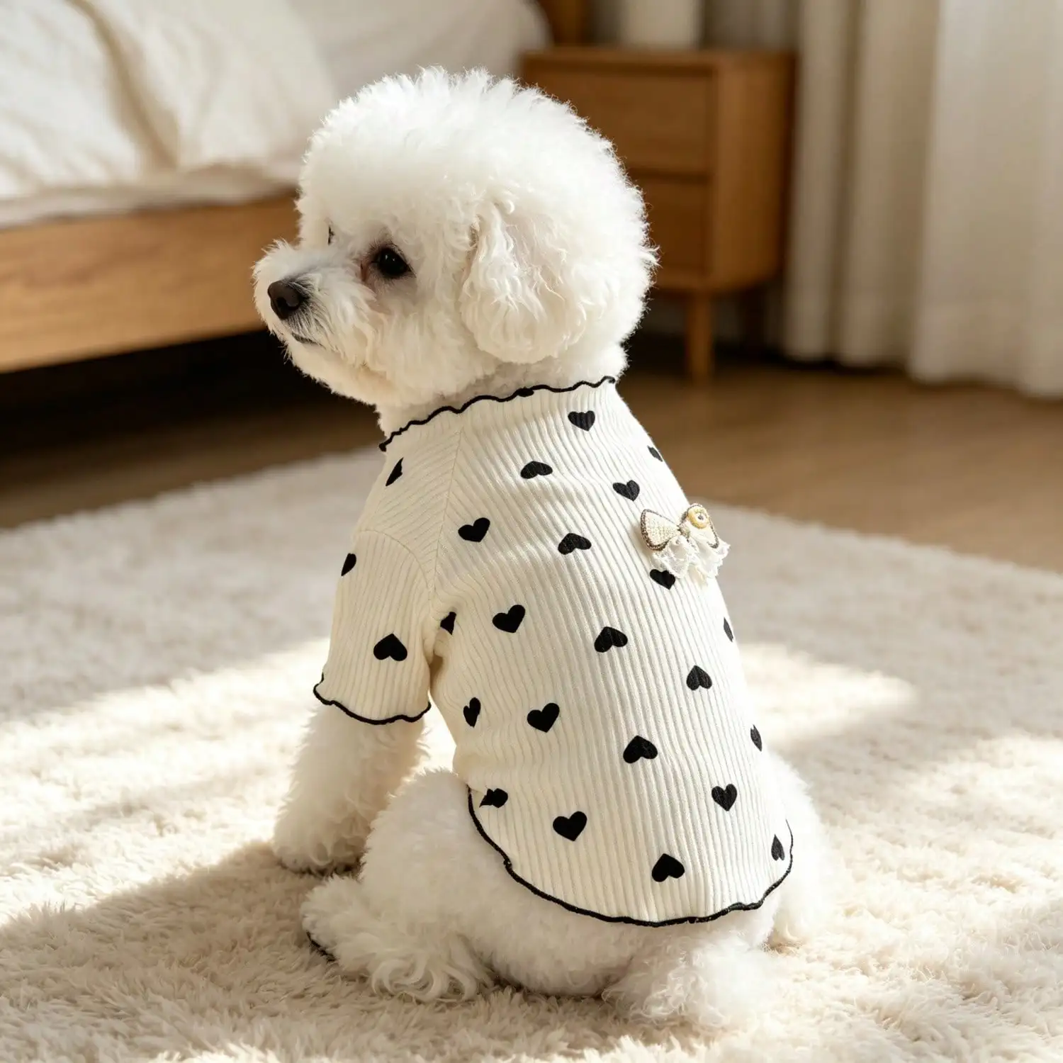 1 Stück geripptes Oberteil mit Herzmuster für kleine Hunde mit Spitzenschleife, lässiges Haustier-Shirt – Detail 6