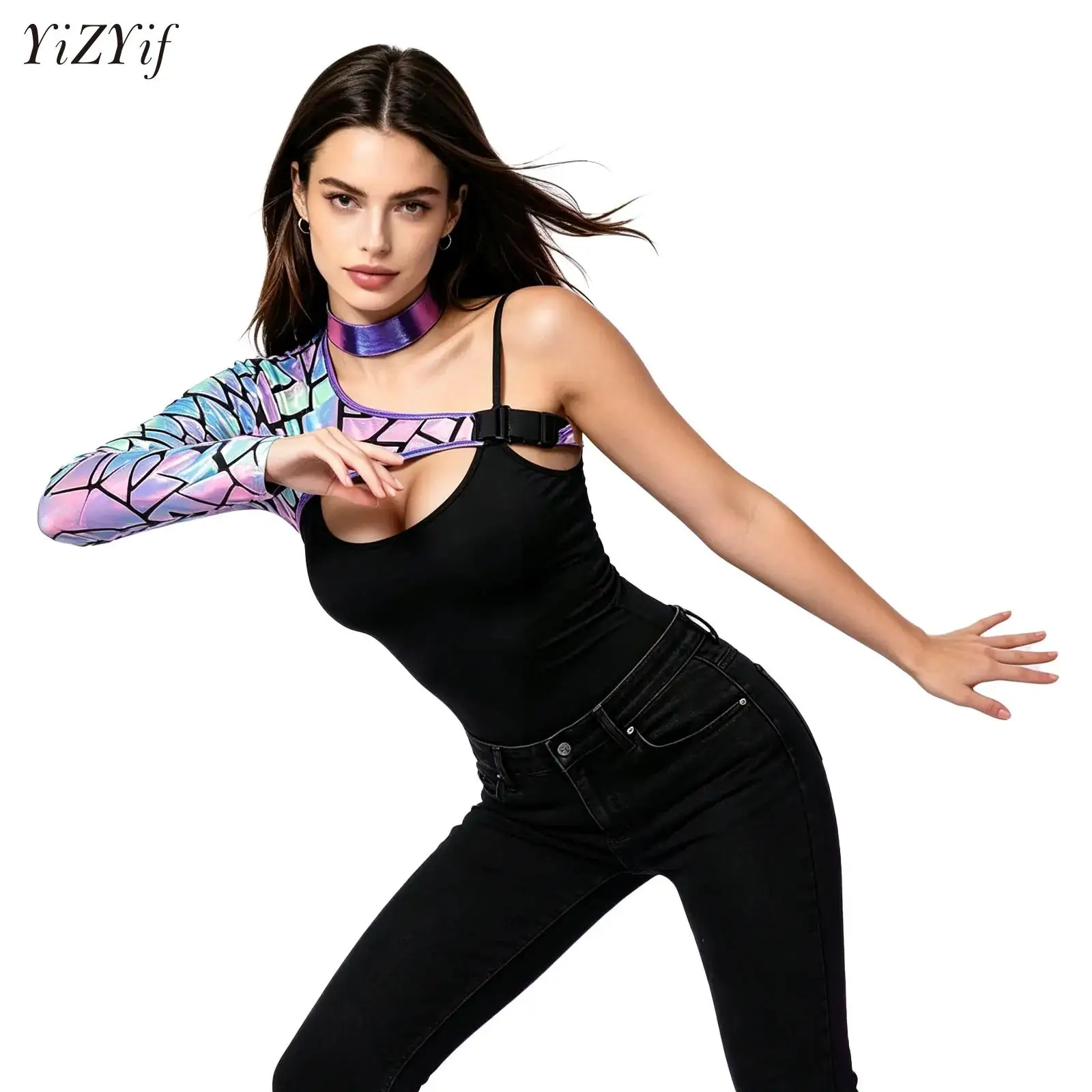 Womens Metallic Sequin Shrug Crop Top Asymmetrical Single Shoulder Bolero Shrugs Clubwear Aliens Rave Party Performance Wear