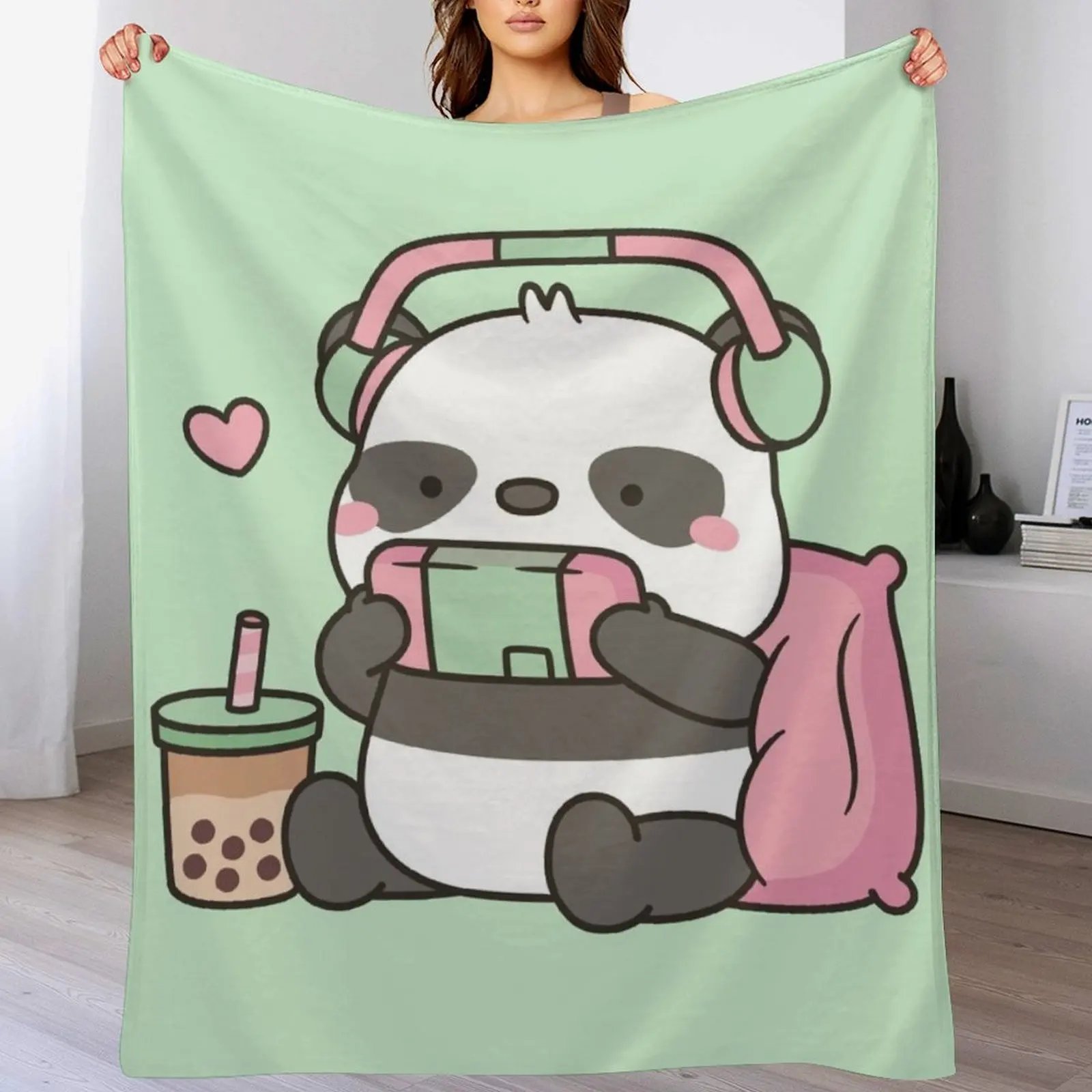 Cute Little Panda Gamer With Headphones Throw Blanket Breathable Lightweight Blanket for Adults Kids