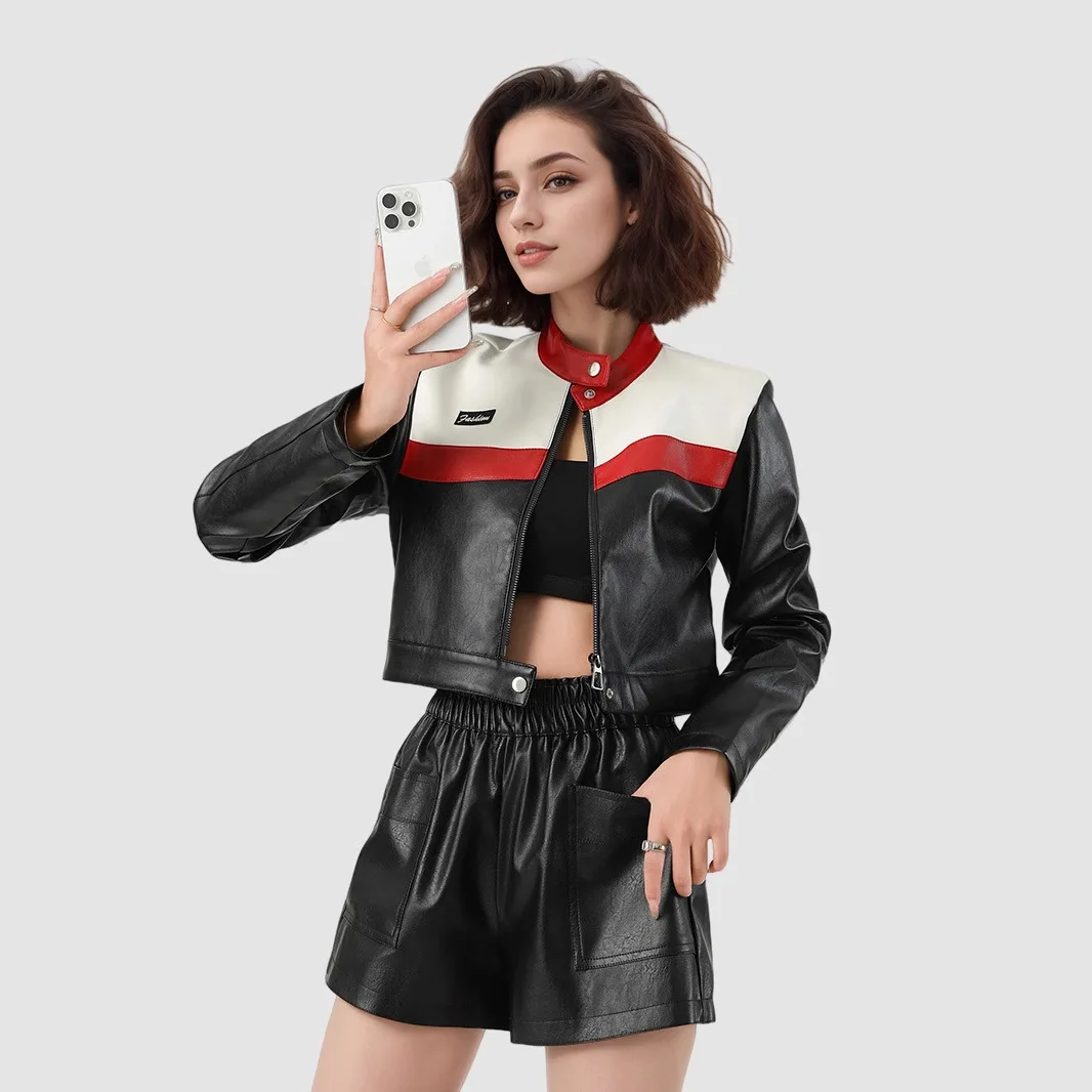 

2025 Trendy Women's PU Leather Biker Jacket Color Block Contrast Stitching Cropped Edgy Hot Girl Streetwear Cool Moto Outerwear