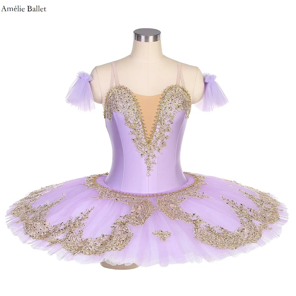 BLL407 Lilac Spandex Bodice with Gold Applique Decorated Ballet Dance Tutu Grils & Women Pre-Professional Tutu 8 Colors