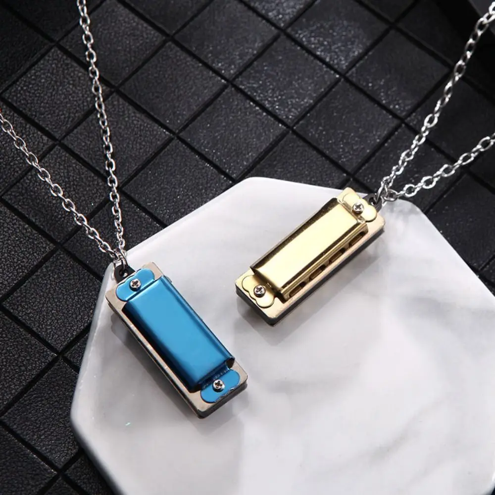 Mini Harmonica Necklace Vintage 4-Hole 8-Tone Mouth Organ Couple Hip Hop Emo Pendant Clavicle Chain Sweater Chain Jewelry Gifts