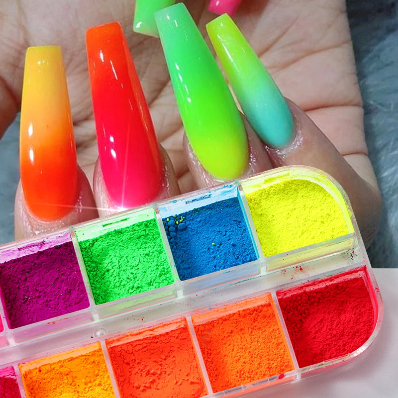 2箱 ネオンレインボーネイルピグメント 暗闇で光るパウダー カラフルな蛍光体クロムグリッター グラデーションネイルアート ラビングダストデコレーション
