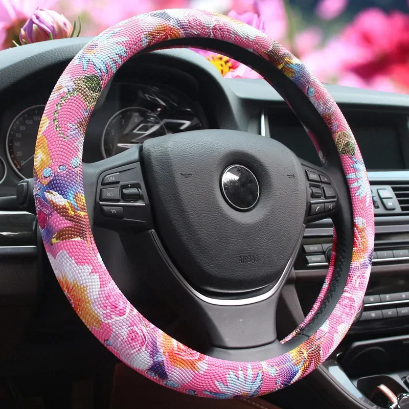 3D Rose Floral Print Women Car Steering Wheel Cover 38cm Universal Pink Auto Steering-wheel Cover Interior Styling Accessories