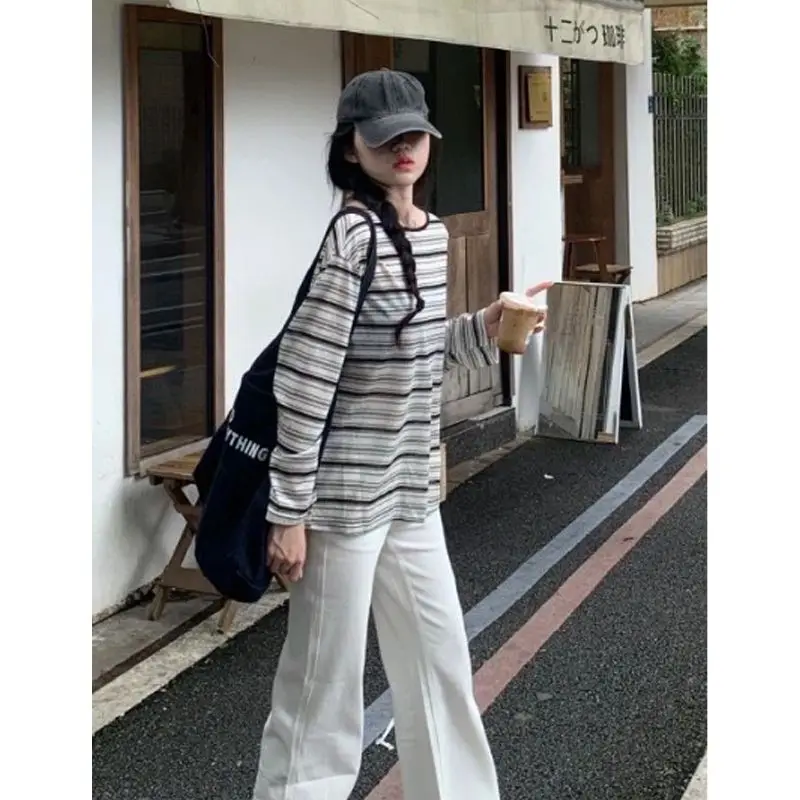 Loose Fit Long Sleeve Striped T-Shirt Women's Thin Summer Design Sun Protection Cover Early Autumn Body Top Korean Style Cont...