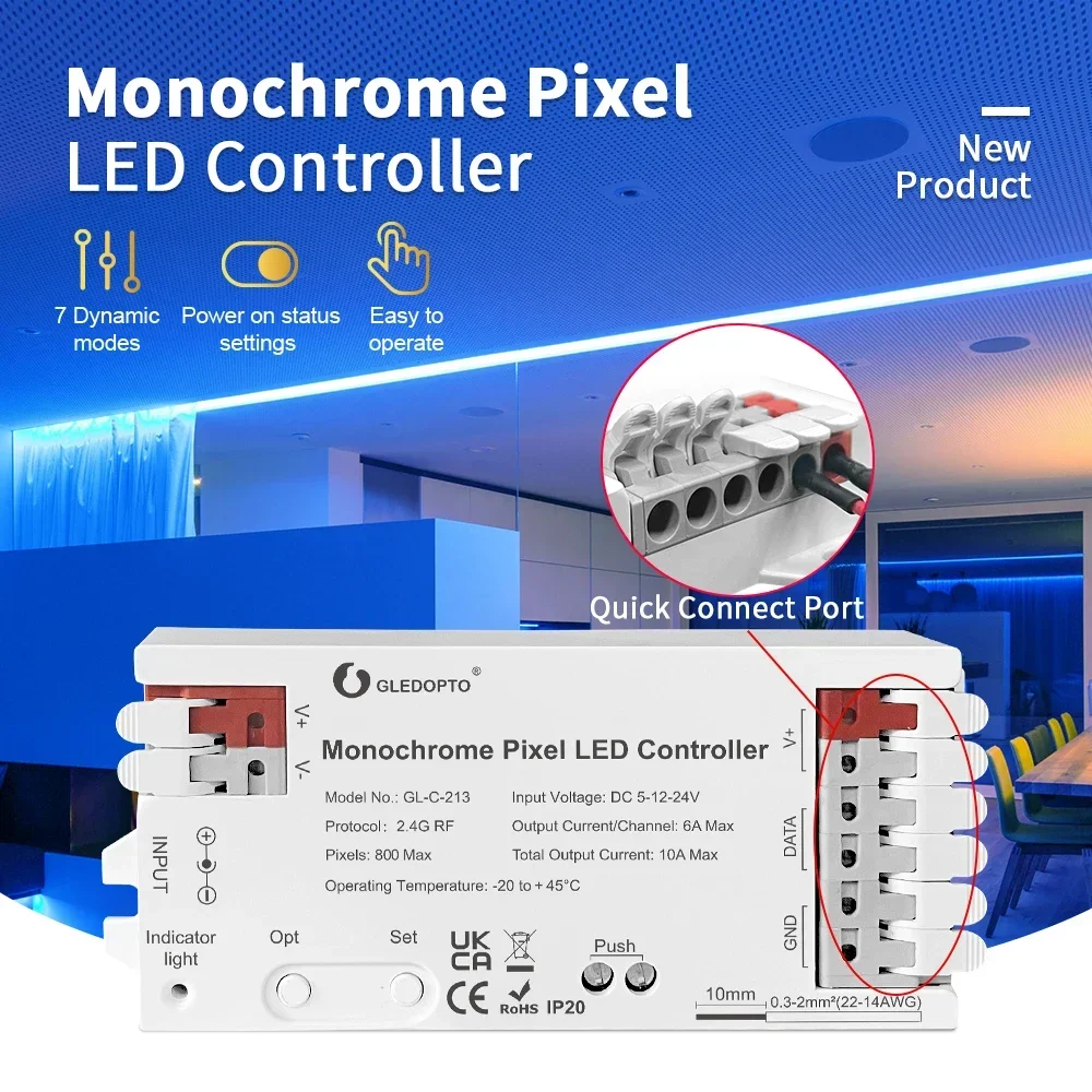 GL-C-213 Single Color Digital Pixel LED Controller 800IC DC5-12V 7 Dynamic Mode Easy Wiring Power On Setting RF Remote Control