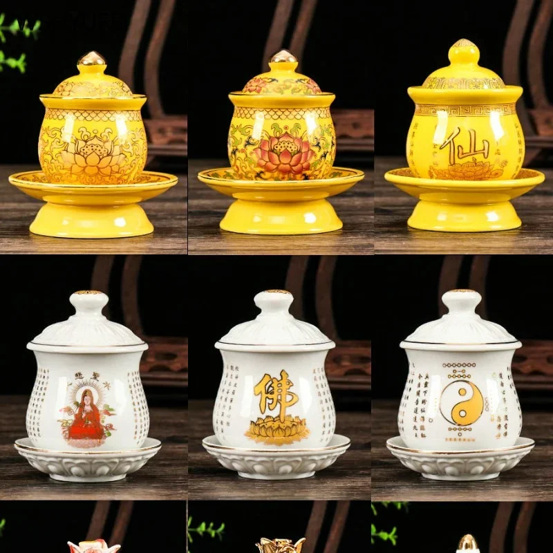 Ceramic God of Wealth Offers Cups, Wine Buddha Utensils, Lotus Cup Buddha Hall Decoration feng shui