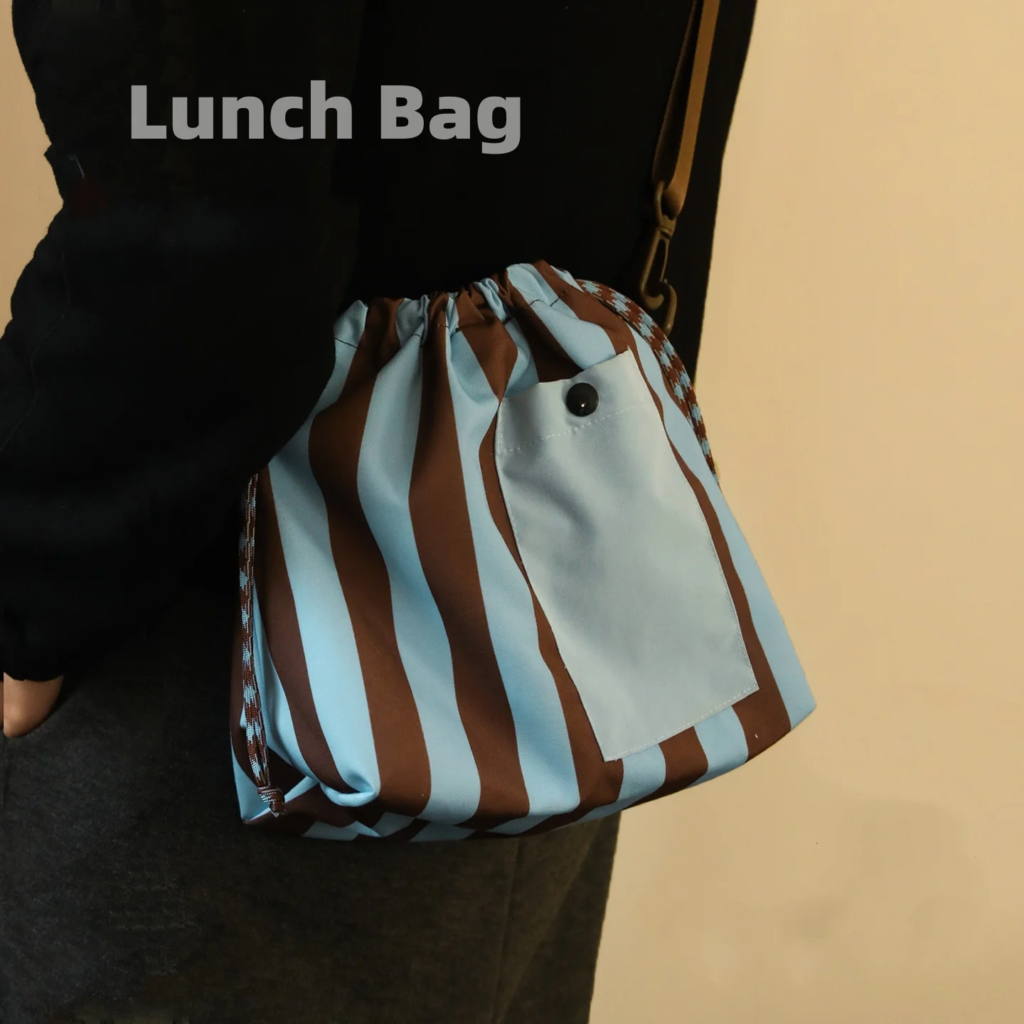 Large Capacity 2 in1 Handheld Crossbody Lunch Bag with Adjustable Flexible Buckle Striped Thermal Lunch Box Bag For Work Camping