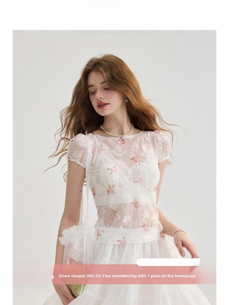 프랑스 스타일 레이스 셔츠 반팔 플로럴 프린트 슬림핏 티셔츠 여성 여름 휴가용 라운드넥 티