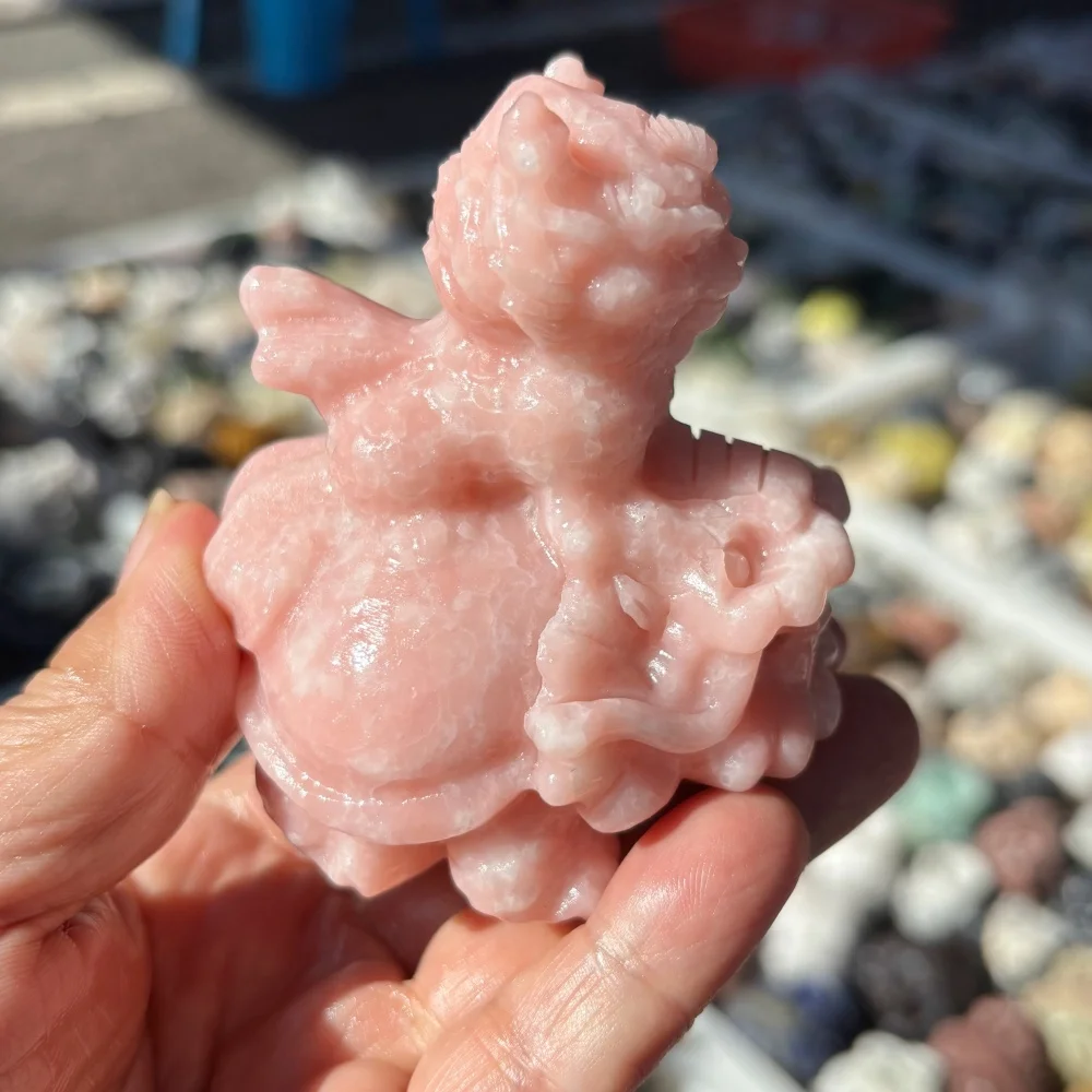 Natural Quartz Pink Opal Baby Pixiu on Dragon Turtle Carving Figurine Reiki Crystal Stone Home Decor Spiritual Gift