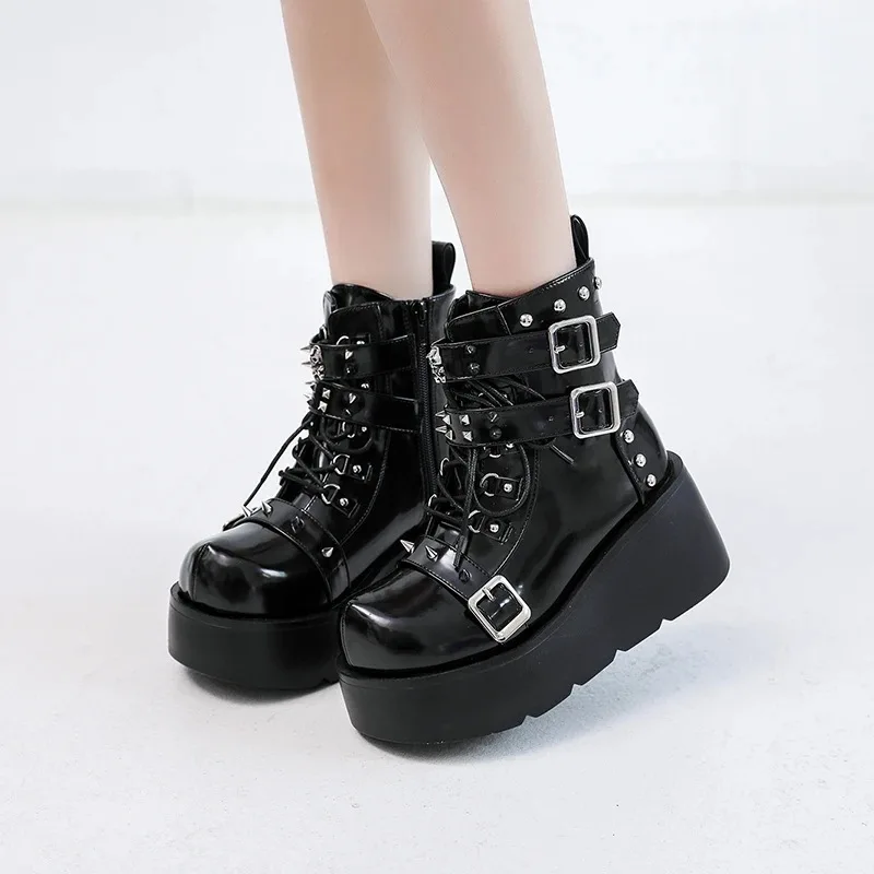 

New Gothic Style Platform Women's Boots 2025Women Motorcycle Boots Vampire Cosplay Women Mid-calf Boots Wedges Comfy Women Shoes