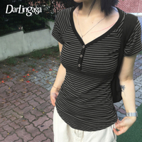 Darlingaga Korean Fashion Striped V-Neck With Buttons Slimming T-shirts Women's Summer Short Sleeve Top Tees Y2K Aesthetics New