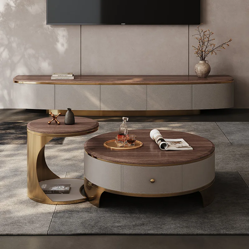 Light Luxury Modern Style Rock Plate Coffee Table with Solid Wood Saddle Leather Glass Side Table Factory Wholesale