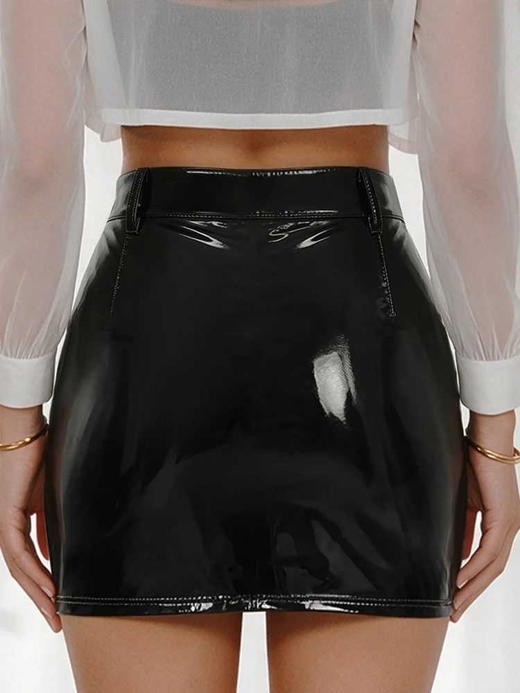 Damen Glänzender Kunstleder-Minirock, Sexy Casual Rock mit Taschen, Damen PU-Leder Kunstlatex Slim Streetwear Röcke – Detail 5