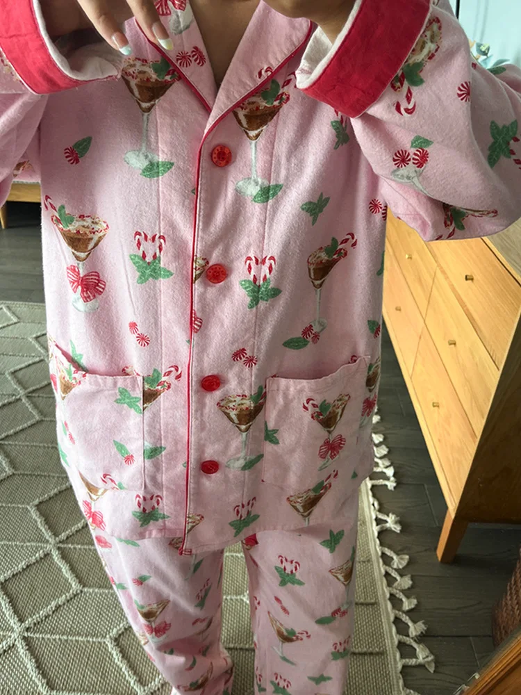 Damen Niedlicher Cartoon-Druck 100% Baumwolle Gebürstetes Pyjama-Set Frühling Herbst Langarm-Oberteil Lange Hose 2-teilig Loungewear Homewear – Detail 36
